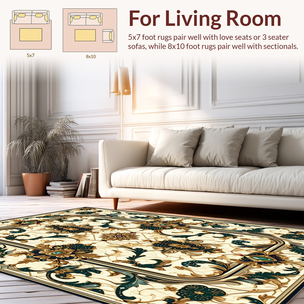 Ornate Floral Patterned Gold And Emerald Rug