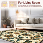 Ornate Floral Patterned Gold And Emerald Rug