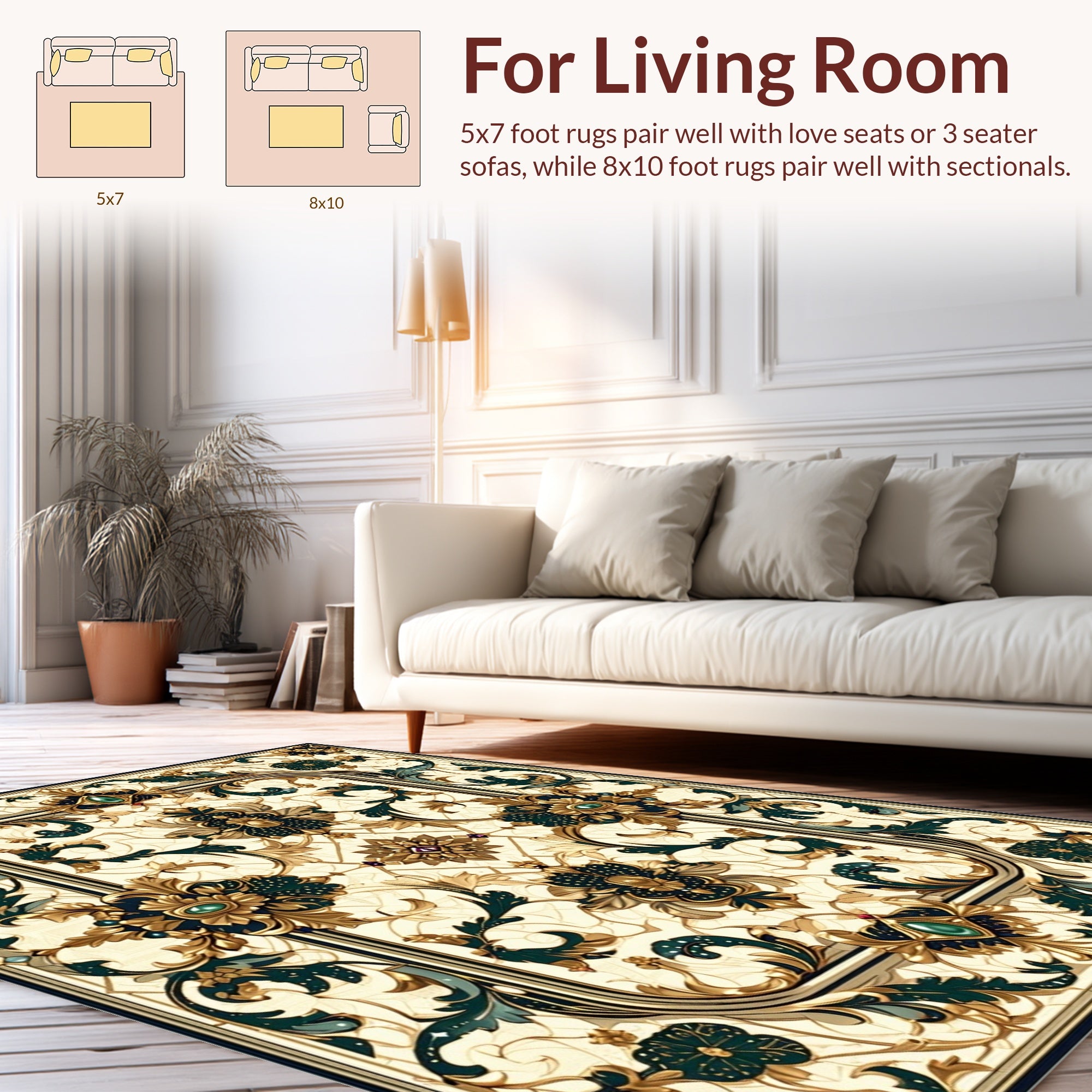Ornate Floral Patterned Gold And Emerald Rug