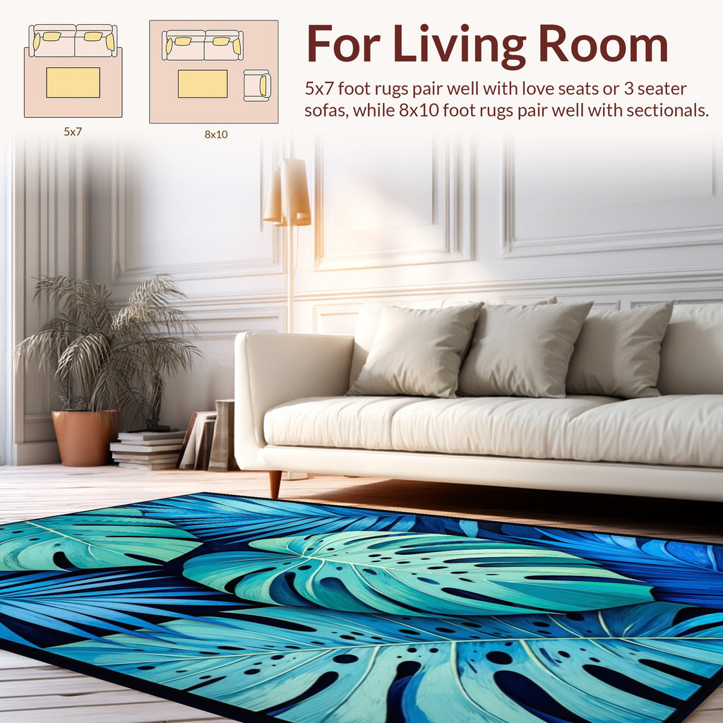 Tropical Leaf Pattern Blue Teal Rug