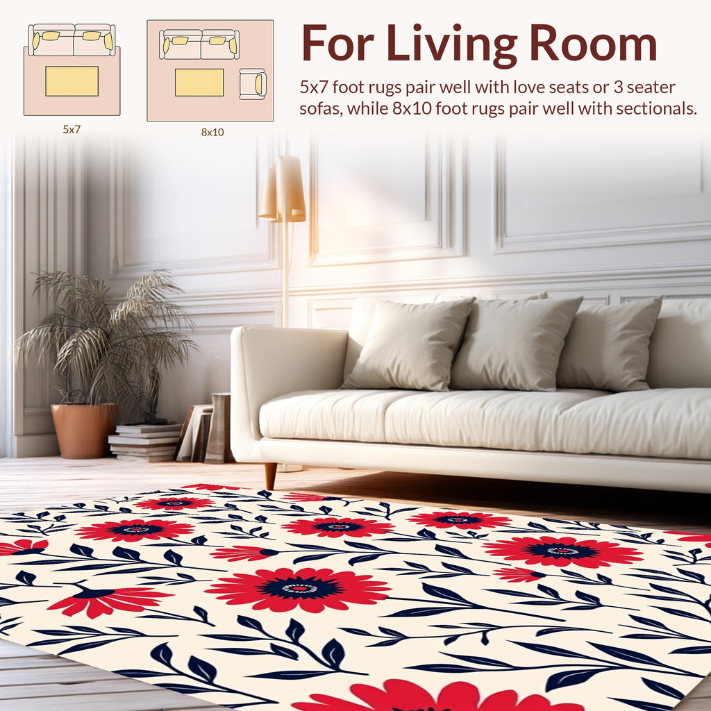 Bold Red Floral Leaf Pattern Rug