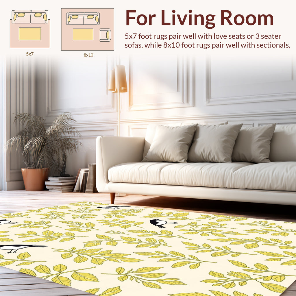 Whimsical Black Bird Yellow Leaf Pattern Rug