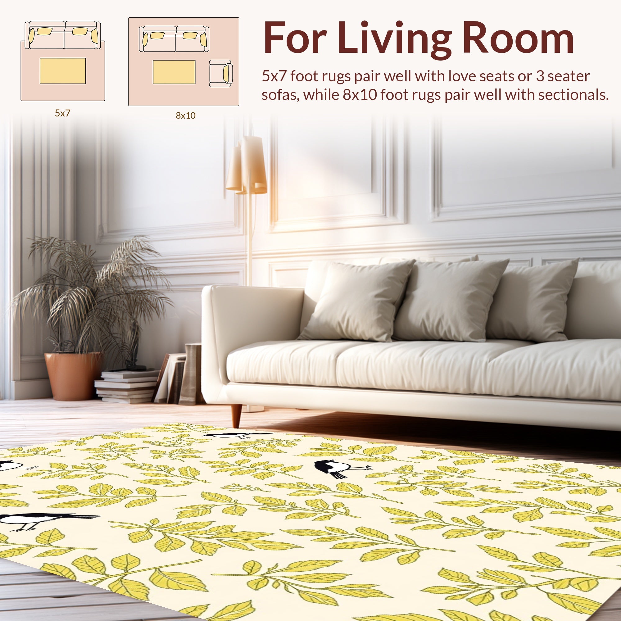Whimsical Black Bird Yellow Leaf Pattern Rug