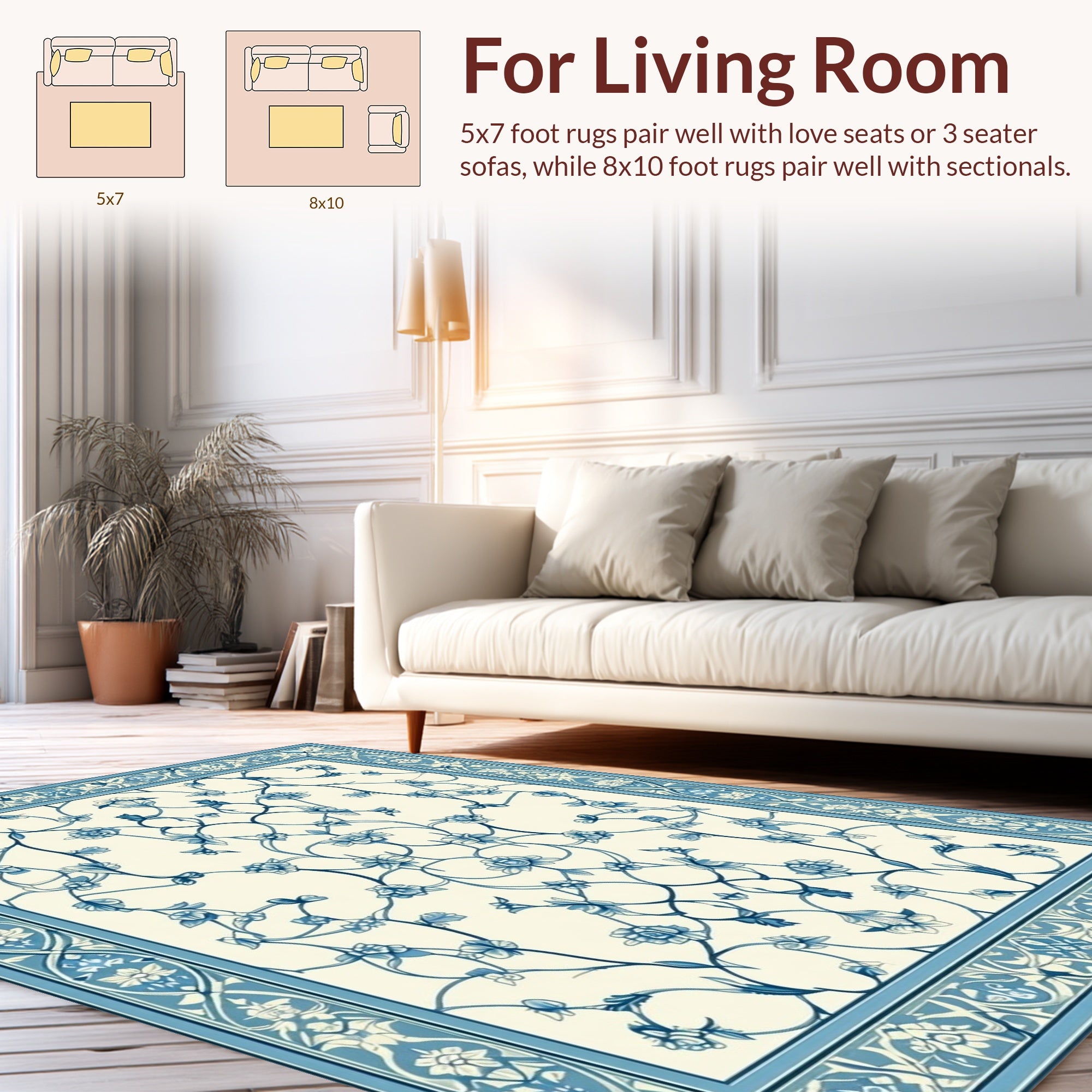 Blue Floral Vine Intricate Design Rug