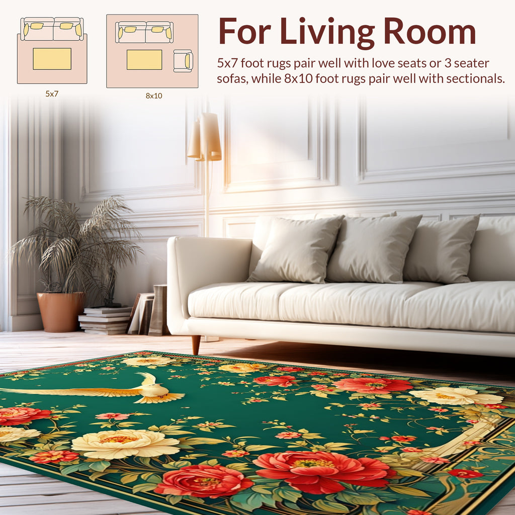 Elegant Floral Bird Emerald Garden Rug
