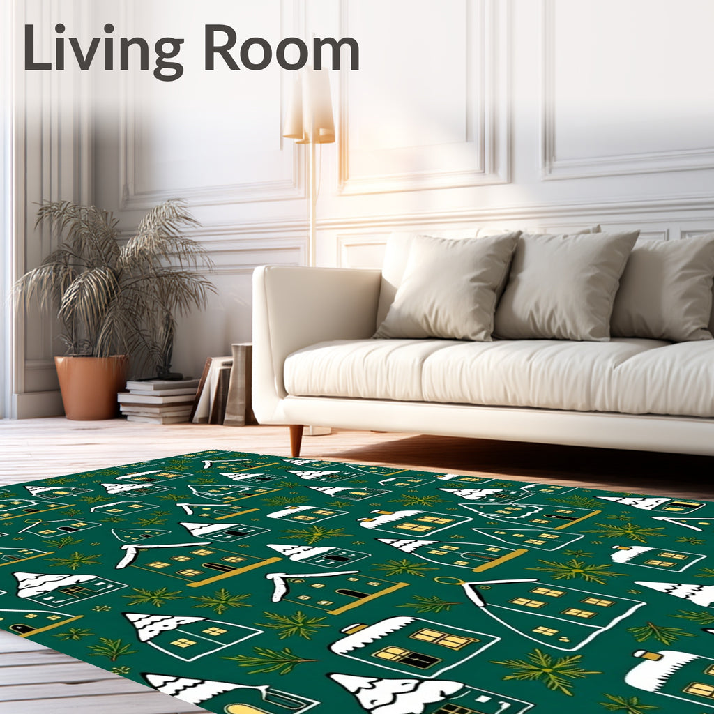 Winter Village Houses Snowy Evergreen Whimsical Rug