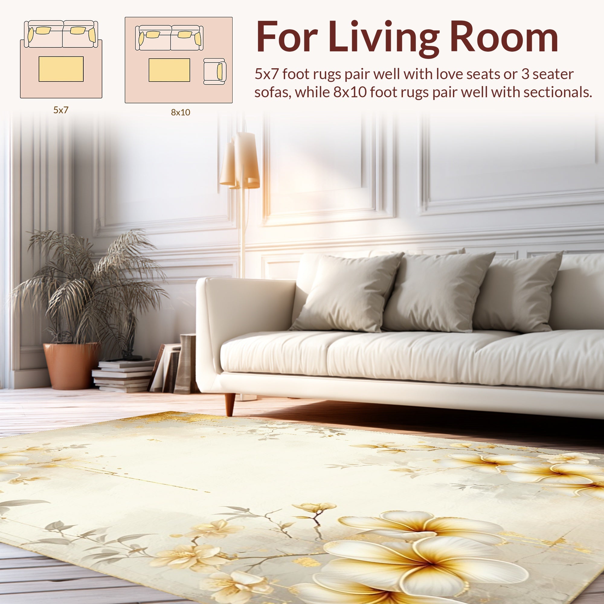 Elegant Golden Floral Branch Pattern Rug