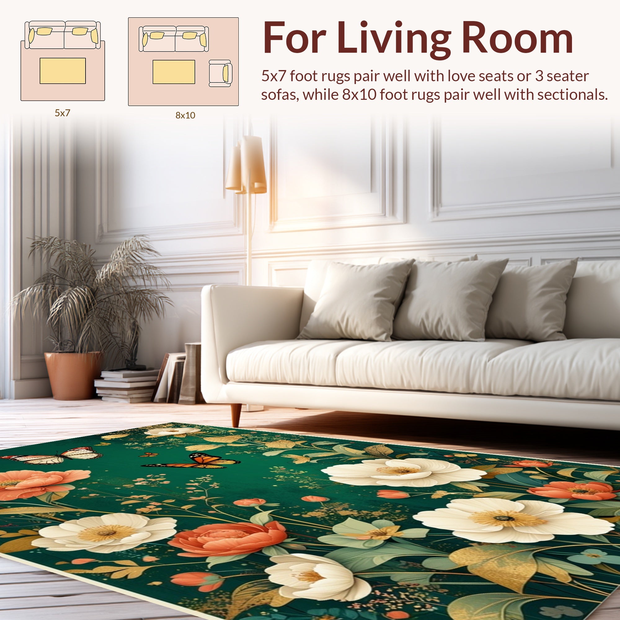 Emerald Garden Floral Butterfly Design Rug
