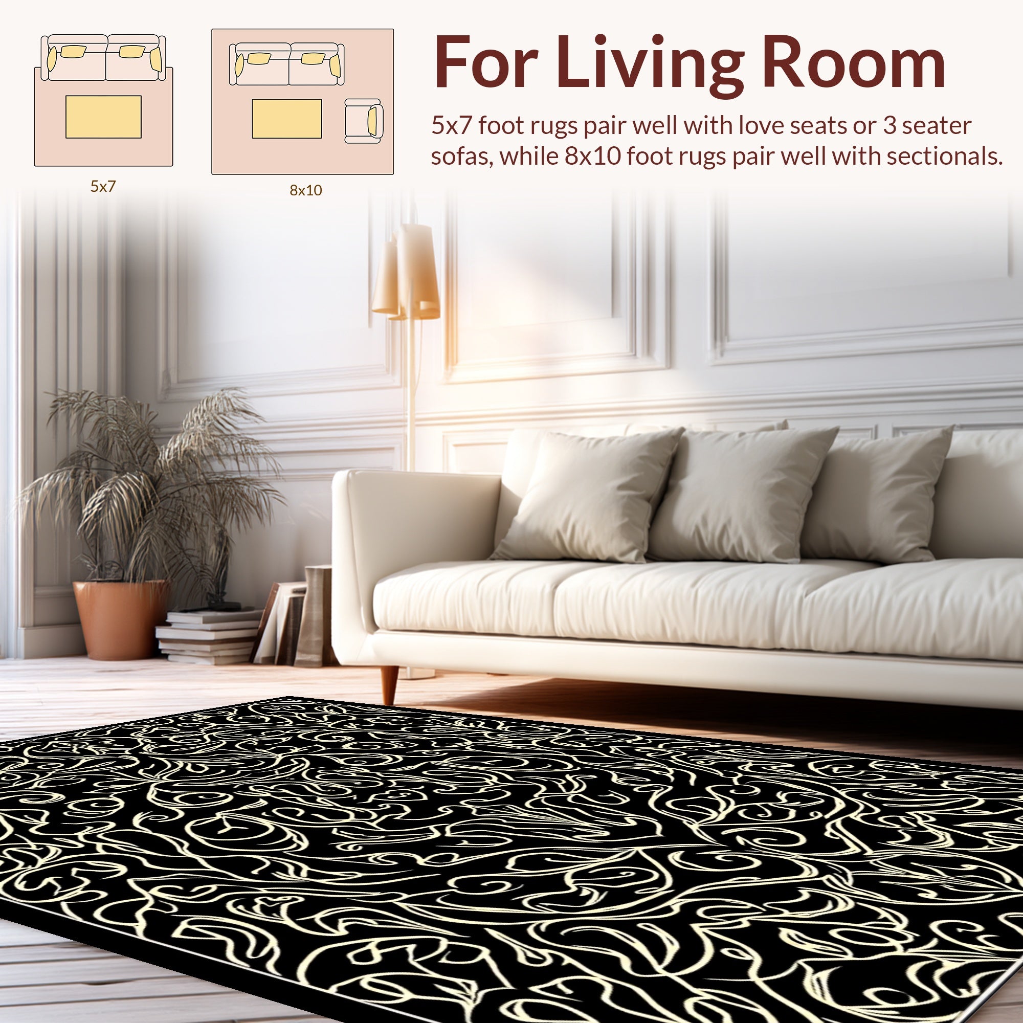 Intricate Floral Swirls Black Cream Rug