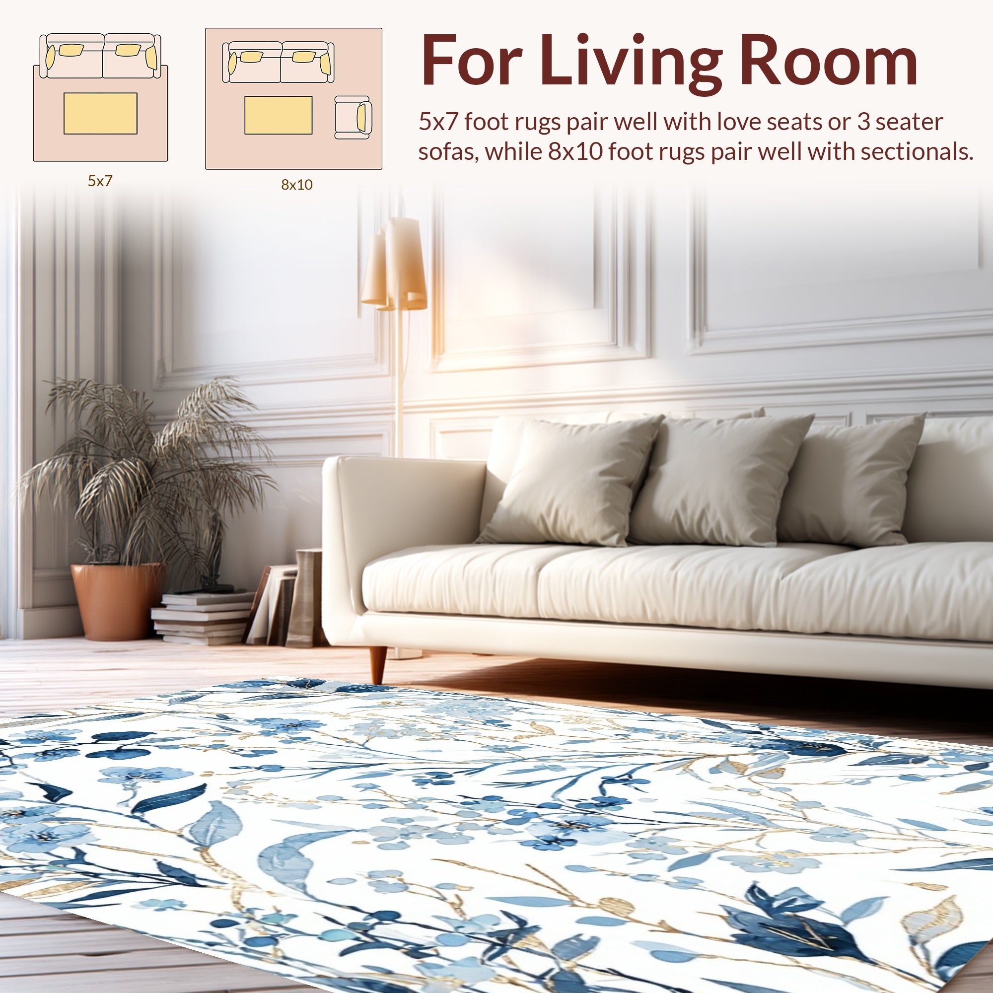 Blue Floral Botanical Pattern Design Rug