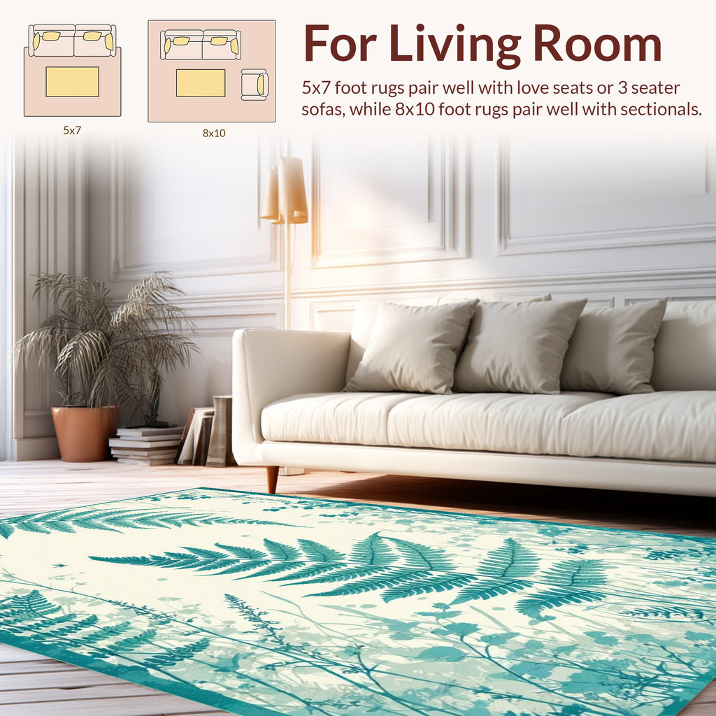 Teal Fern Botanical Nature Print Rug