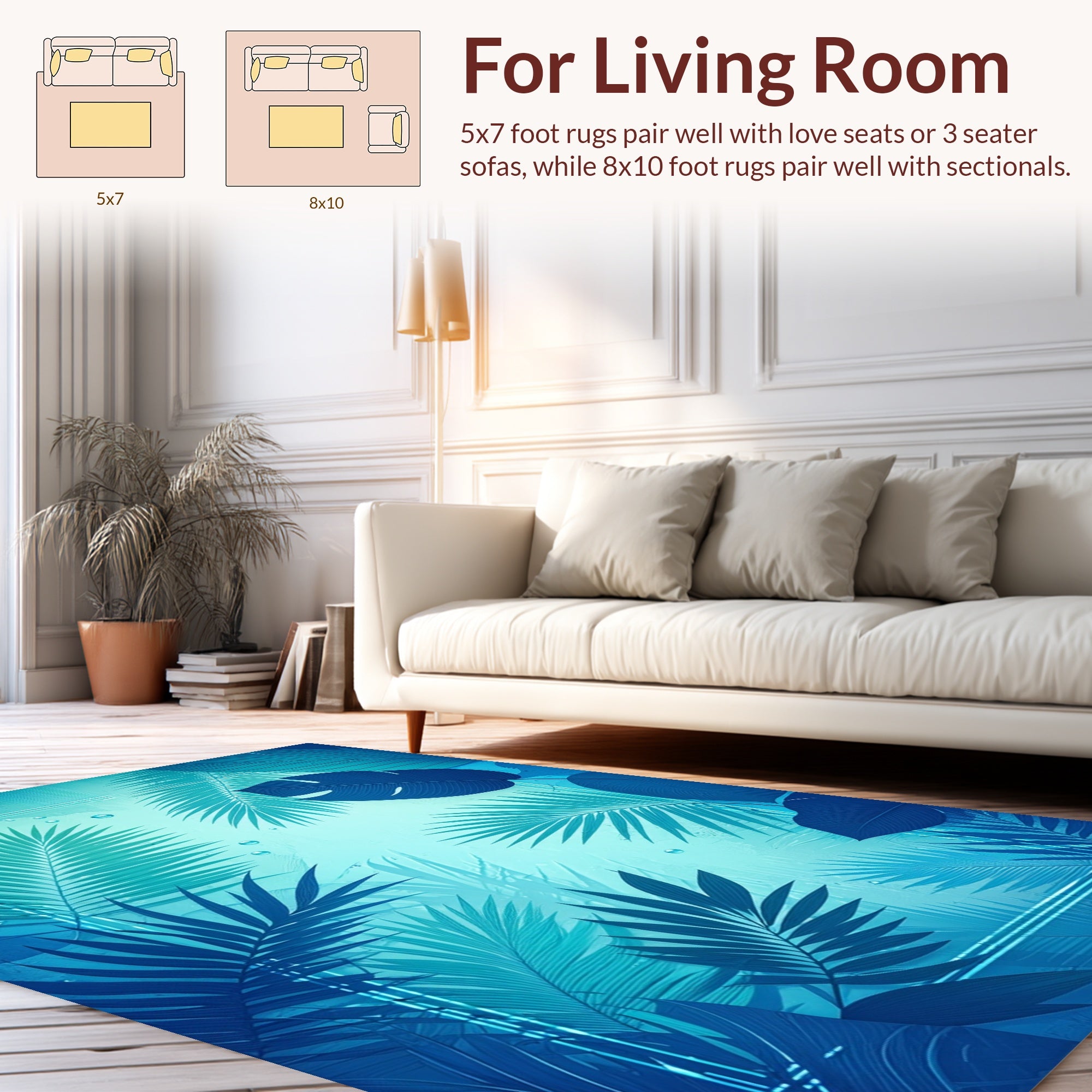 Deep Blue Tropical Leaf Pattern Rug