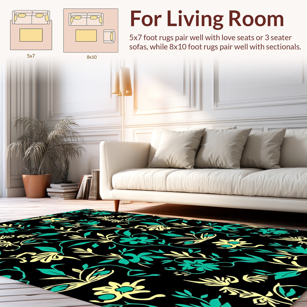 Yellow and Teal Floral Vine Pattern Rug