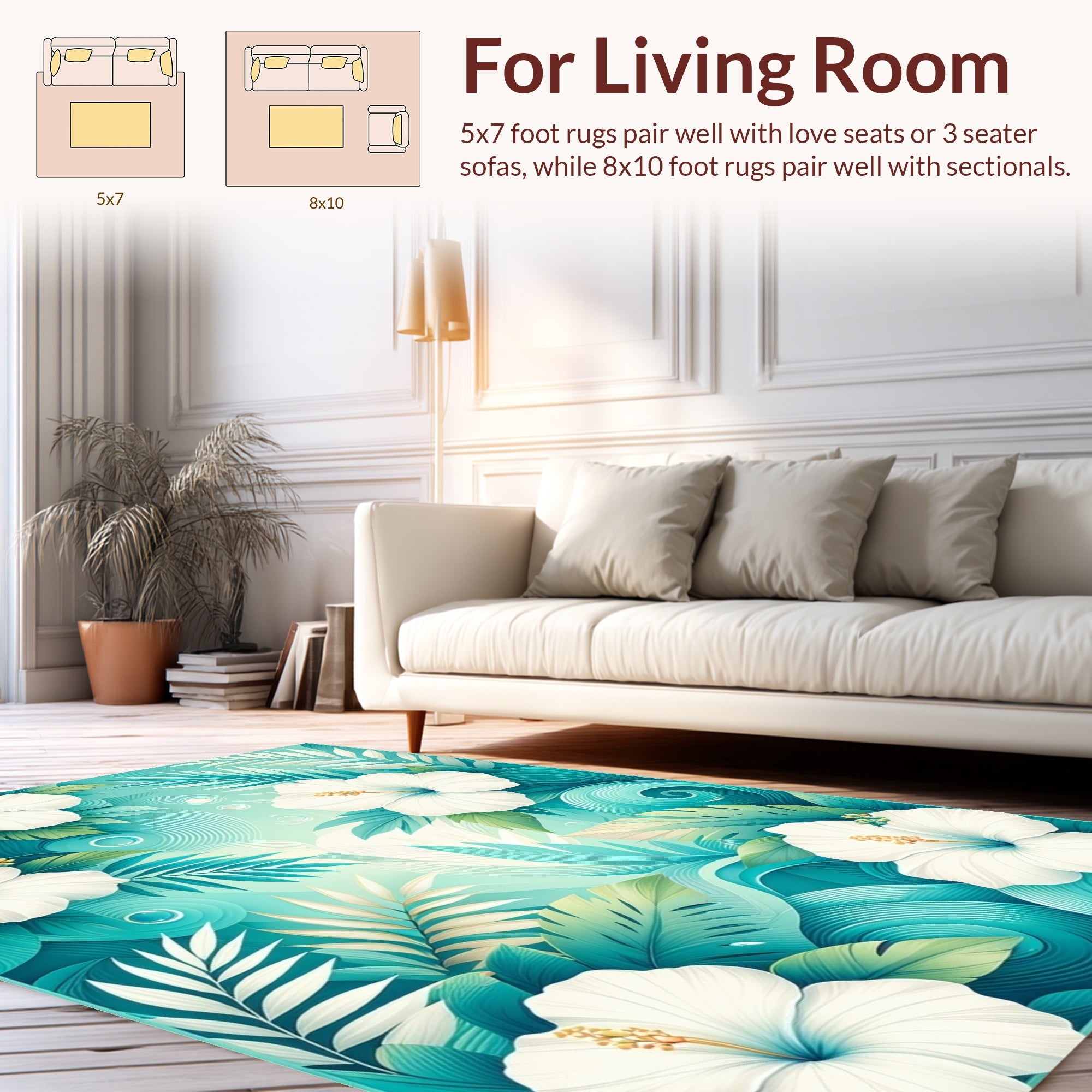 White Hibiscus Tropical Leaves Pattern Rug