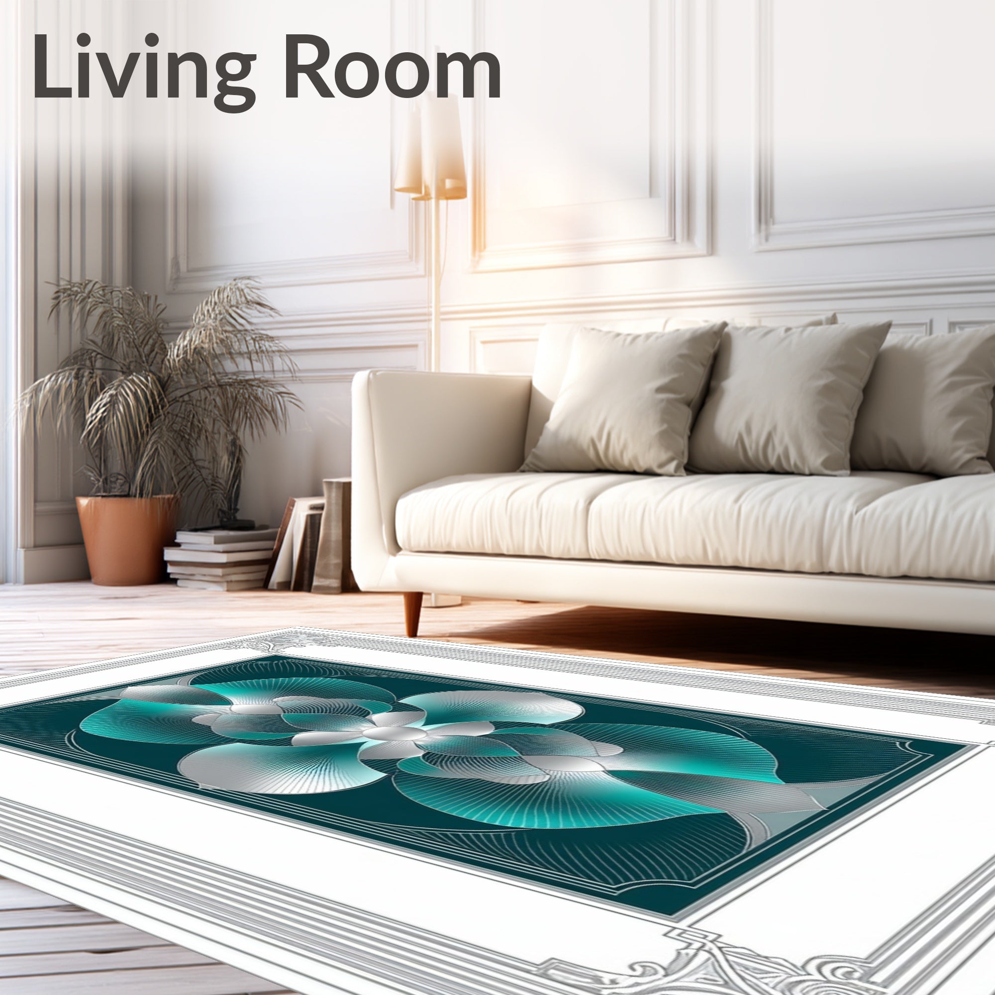 Art Deco Floral Teal Silver Design Rug