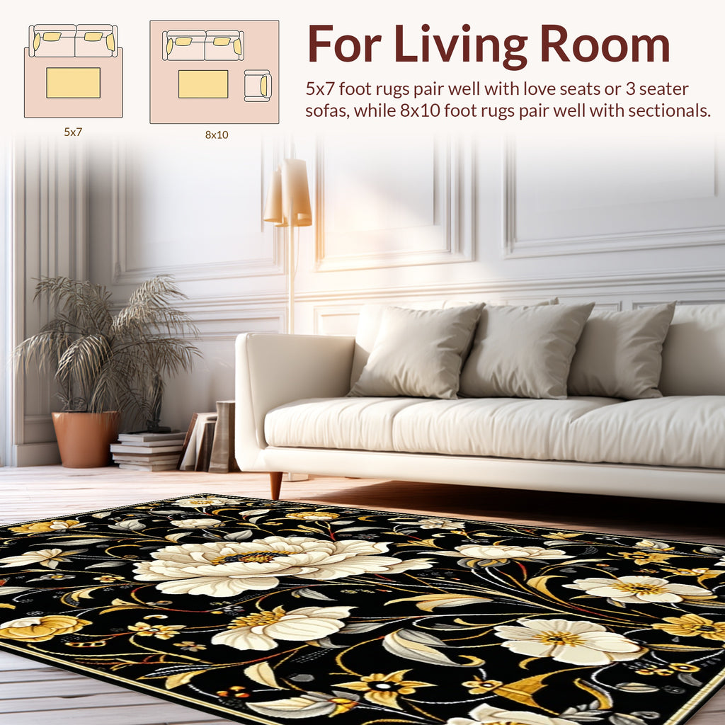 Black Floral Art Deco inspired Rug