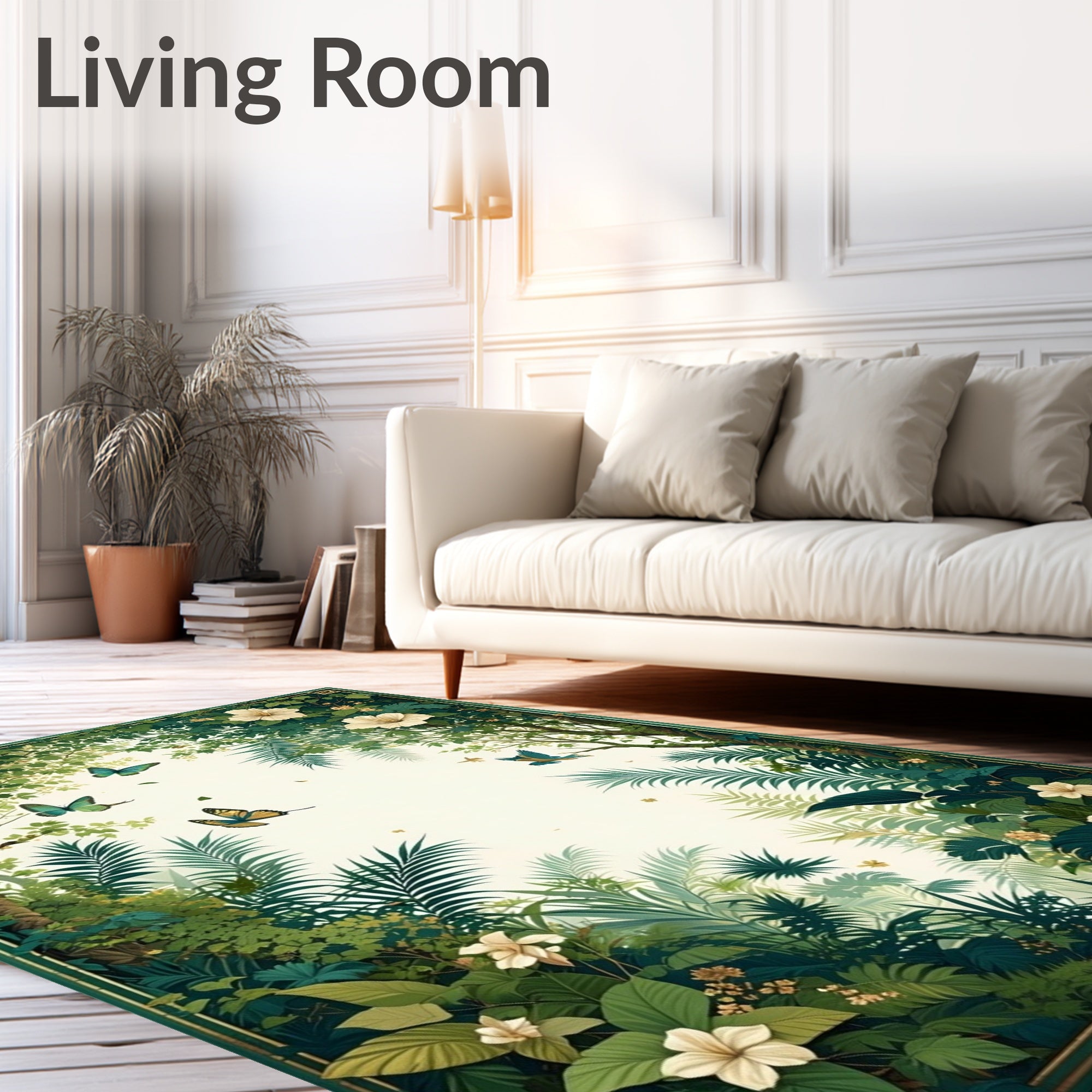 Tropical Jungle Butterfly Floral Scene Rug