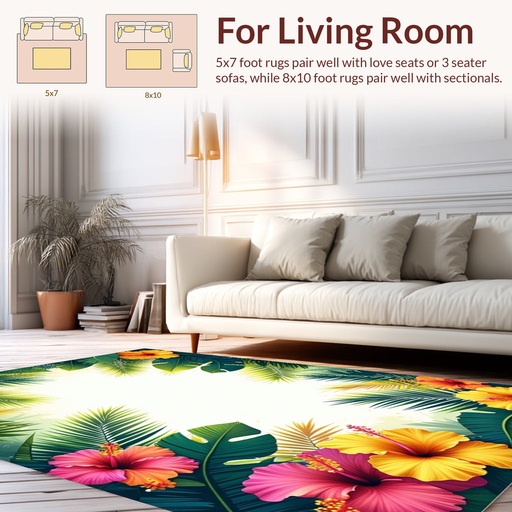 Tropical Hibiscus Palm Leaf Design Rug