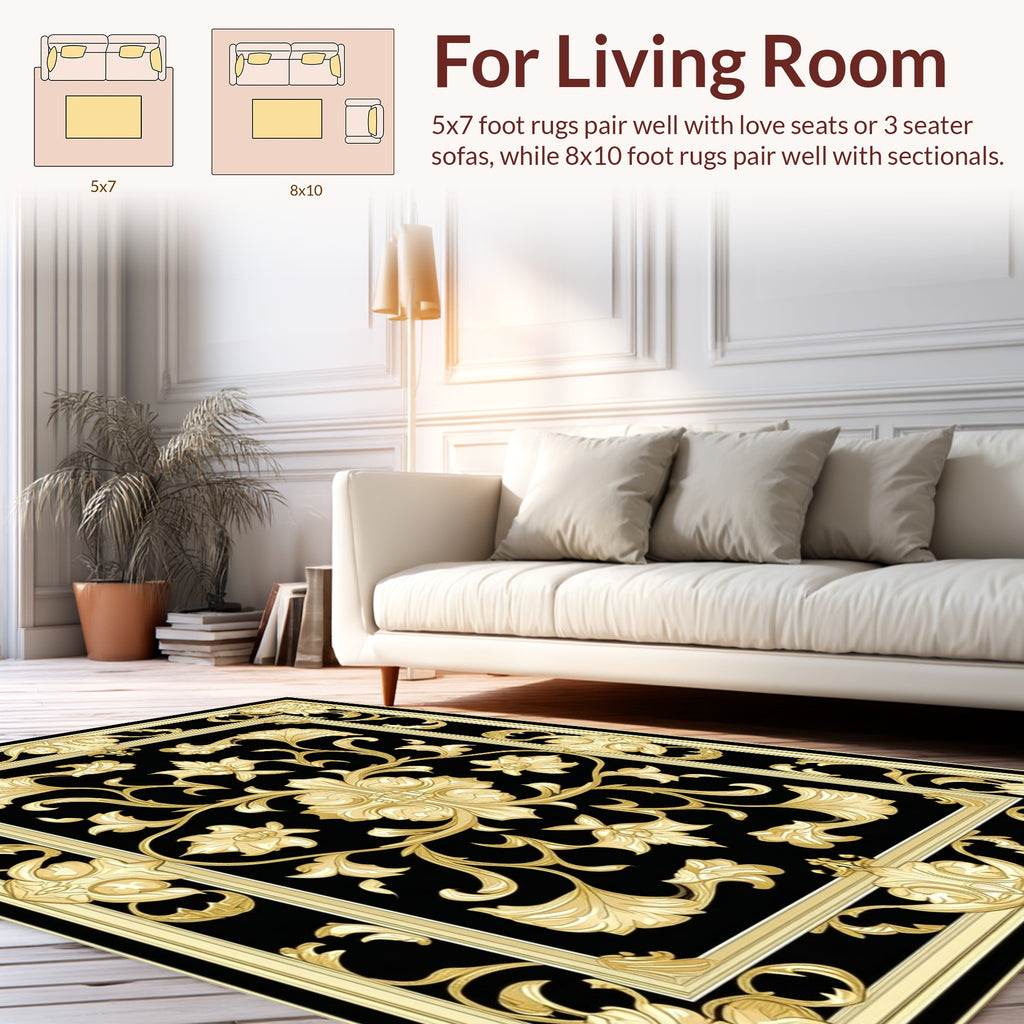 Elegant Black Gold Floral Manor Rug