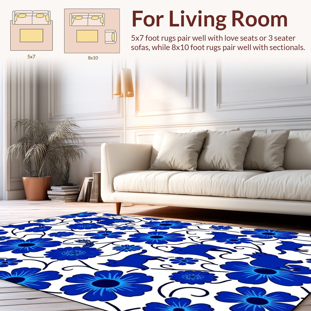 Blue Floral And Cat Silhouette Pattern Rug