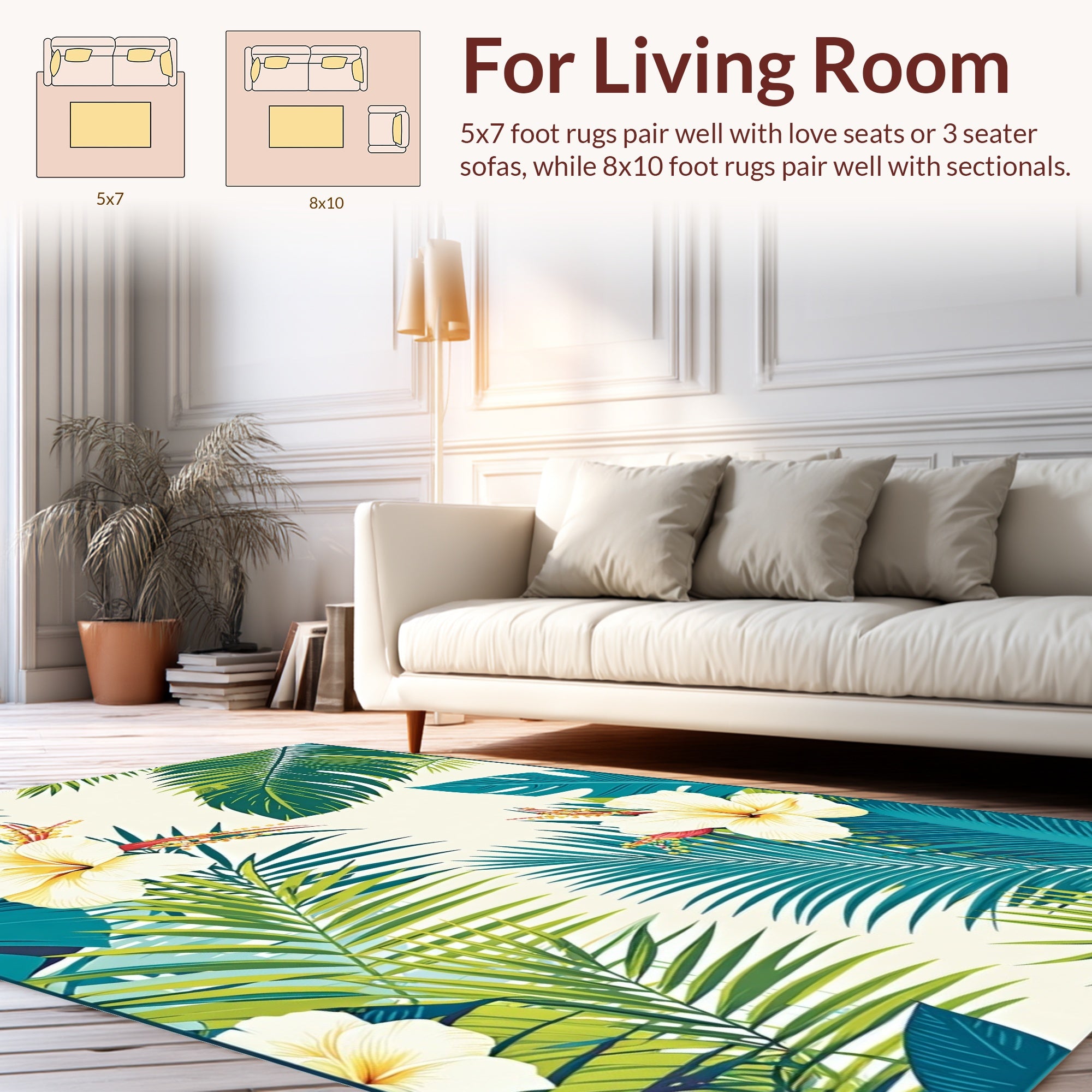 Tropical Hibiscus Palm Leaf Pattern Rug