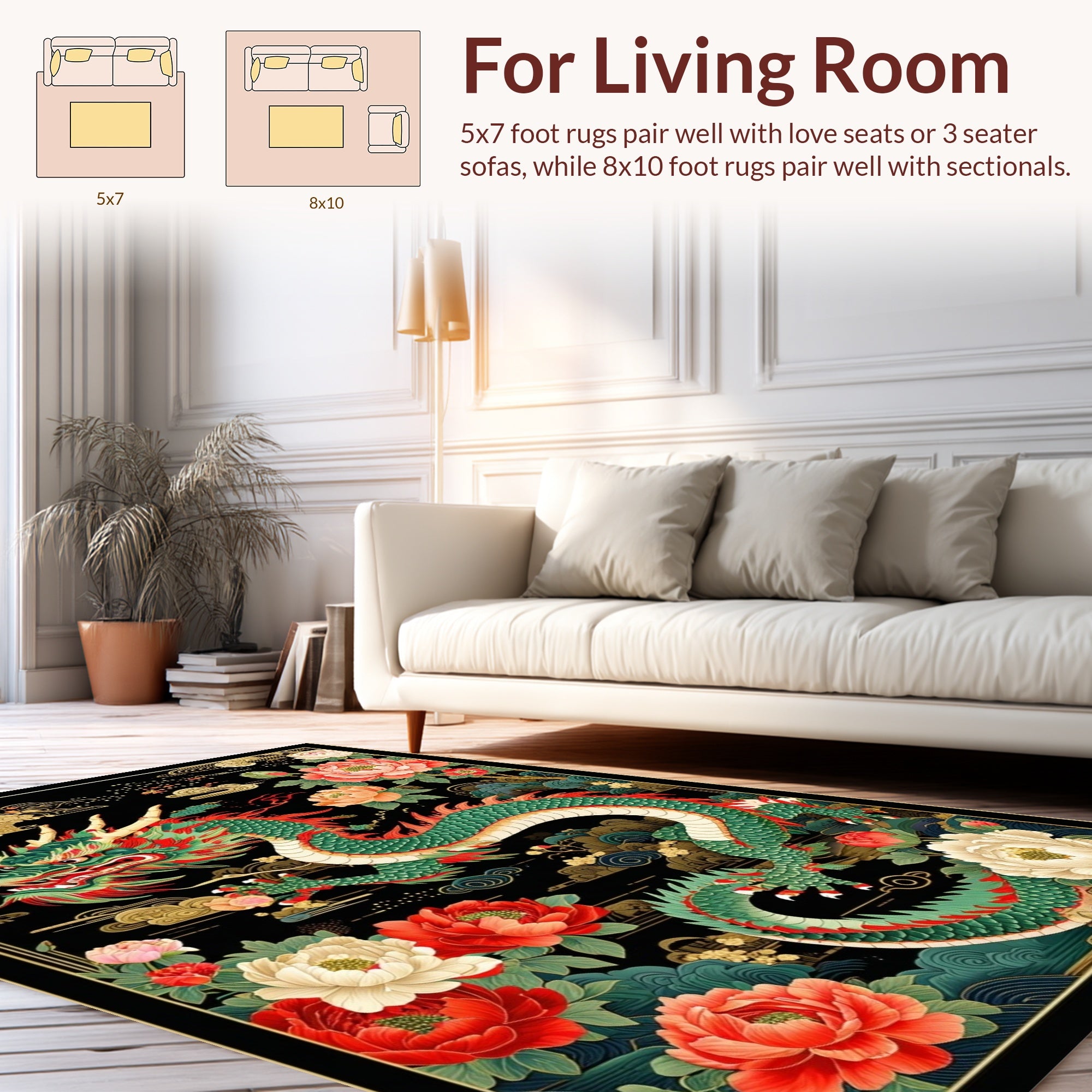 Vibrant Dragon with Peony Floral Pattern Rug