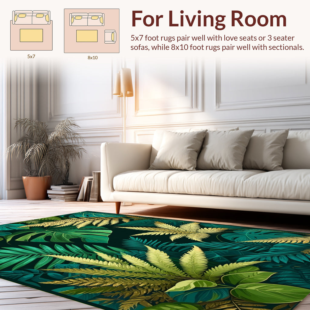 Lush Tropical Green and Gold Ferns Rug