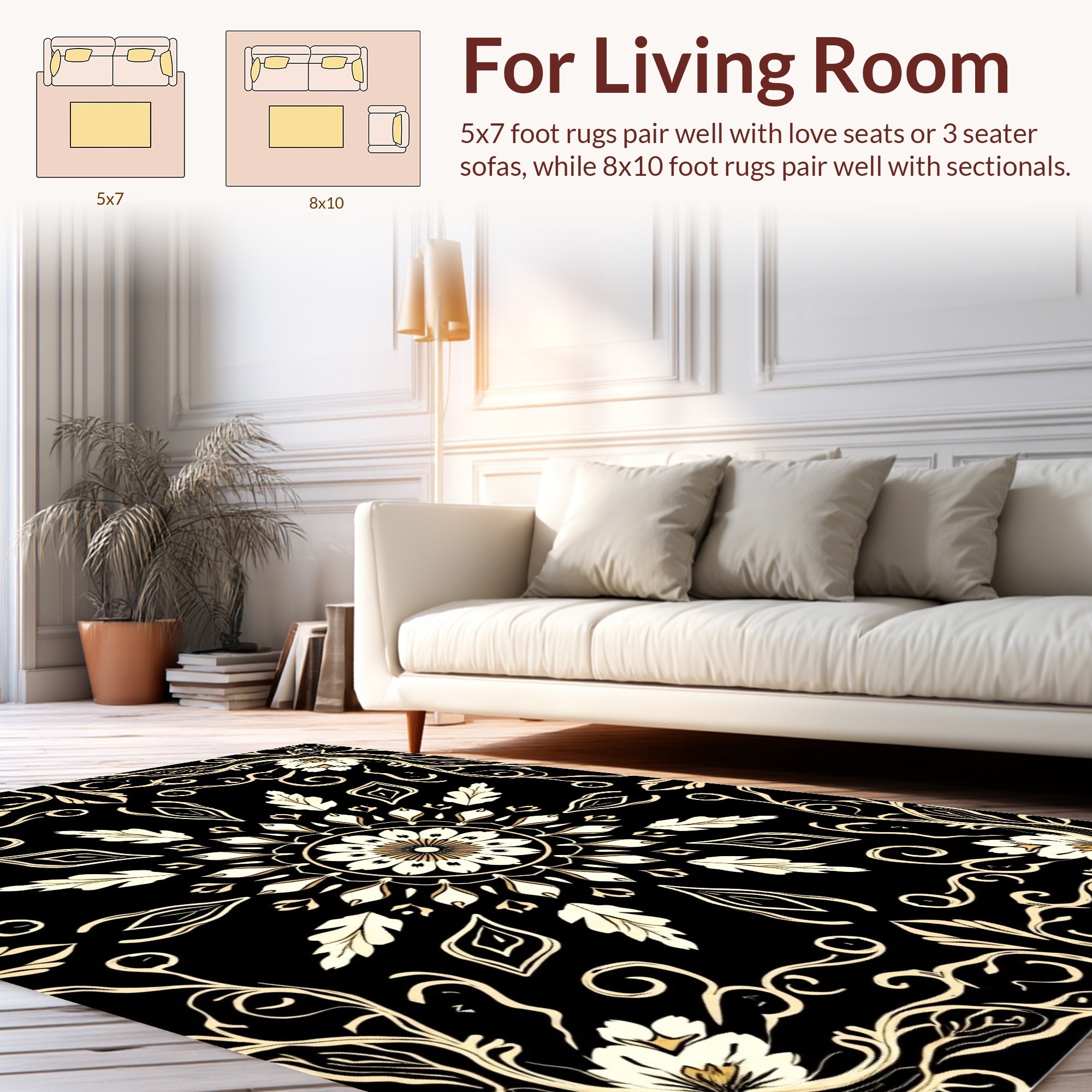 Classic Floral Mandala Black Gold Rug