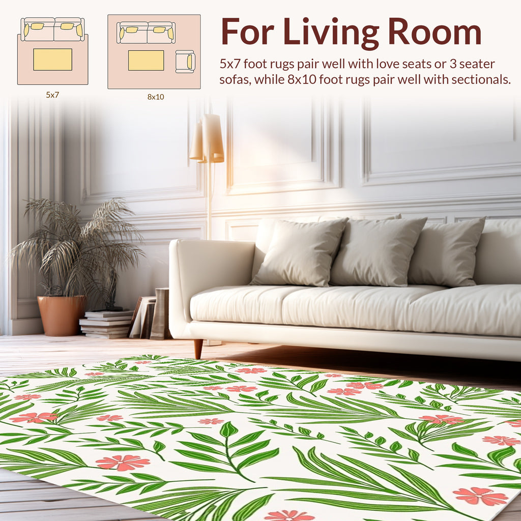 Tropical Green Leaf and Small Flower Pattern Rug