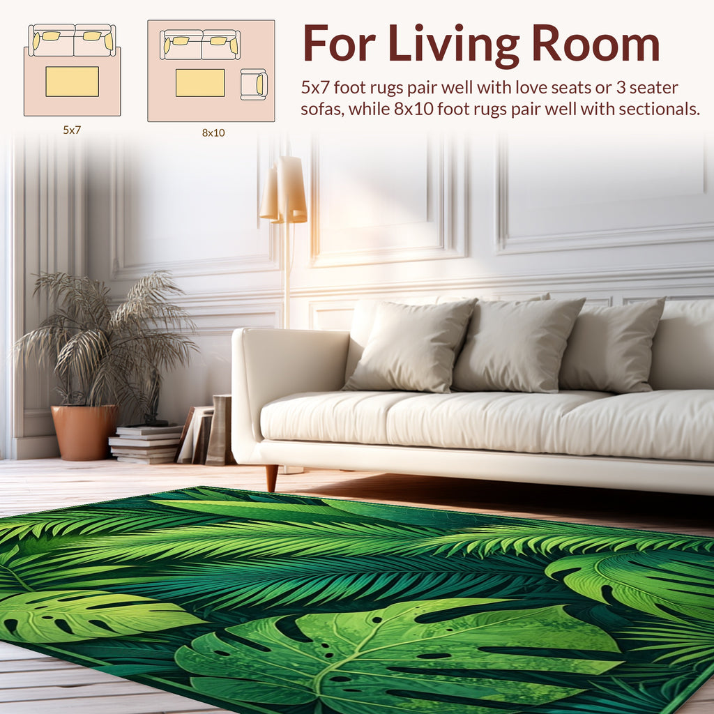 Lush Green Tropical Palm Leaf Pattern Rug