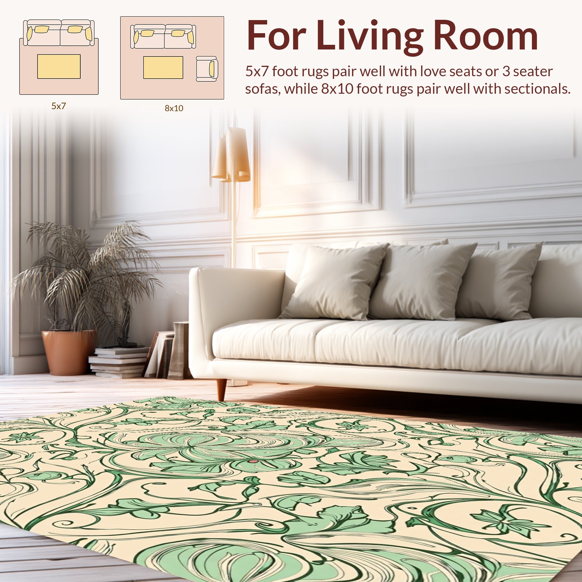 Cream Green Floral Swirls Rug