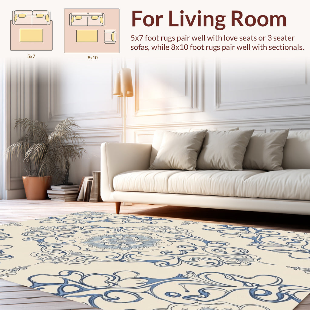 Blue Floral Damask Inspired Design Rug