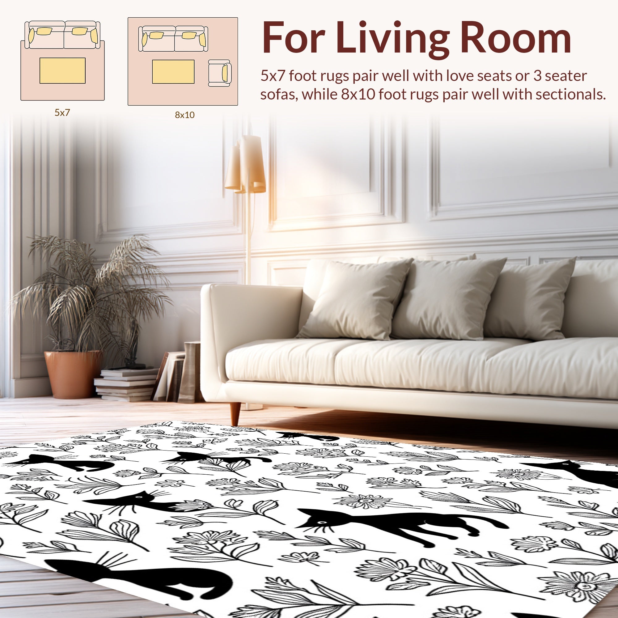 Playful Black Cats Floral Bloom Pattern Rug