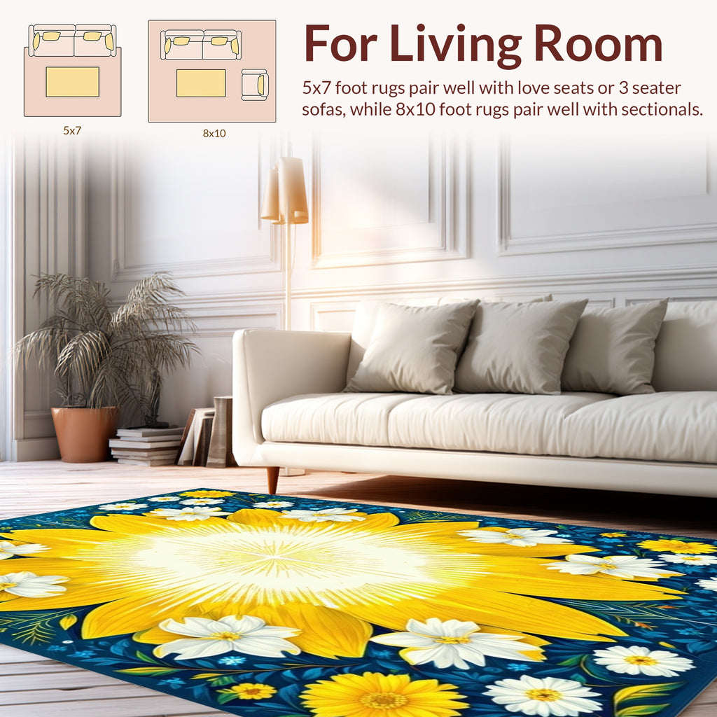 Golden Sunflower Burst Floral Pattern Rug