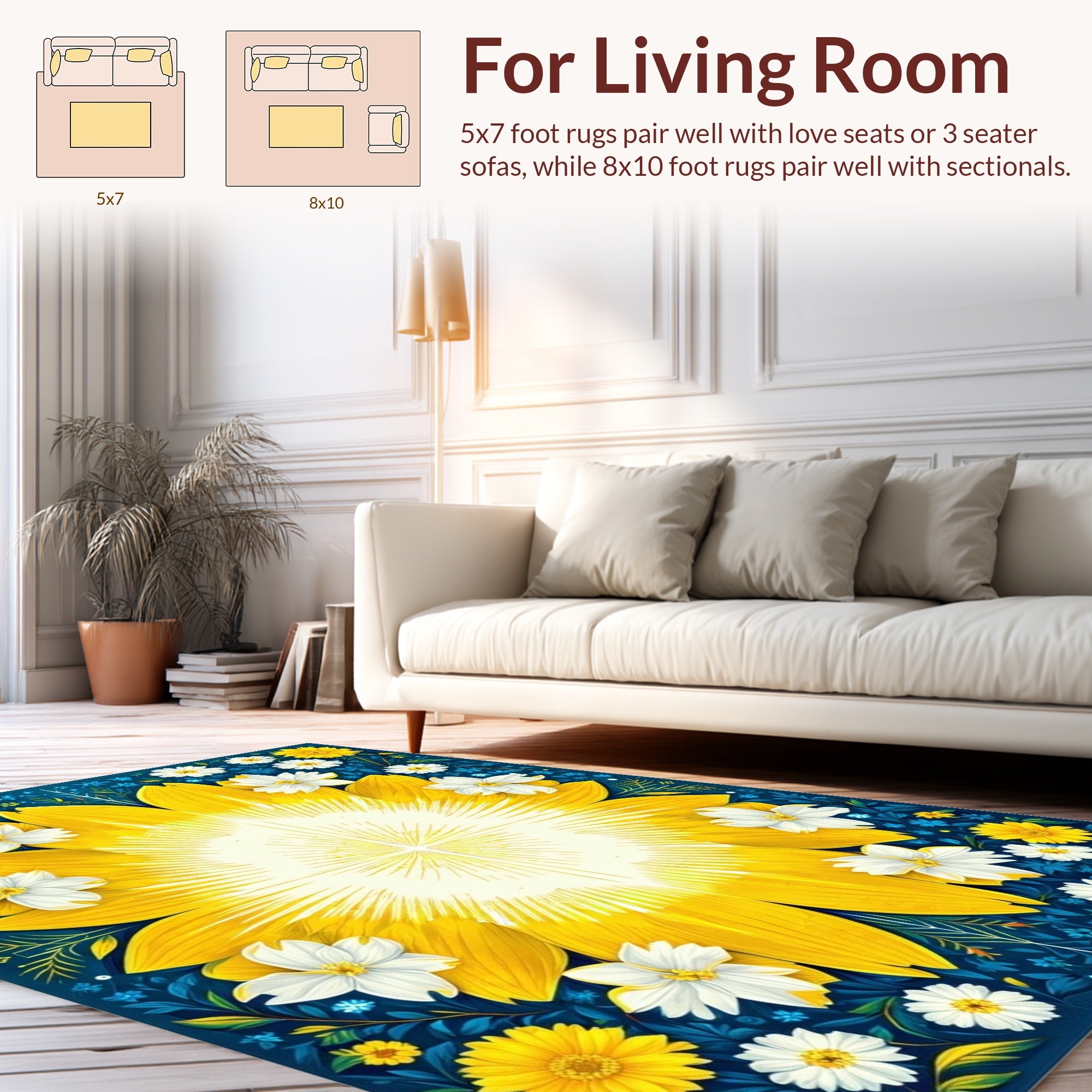 Golden Sunflower Burst Floral Pattern Rug