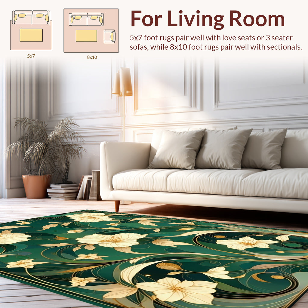Ornate Green Gold Floral Swirl Rug