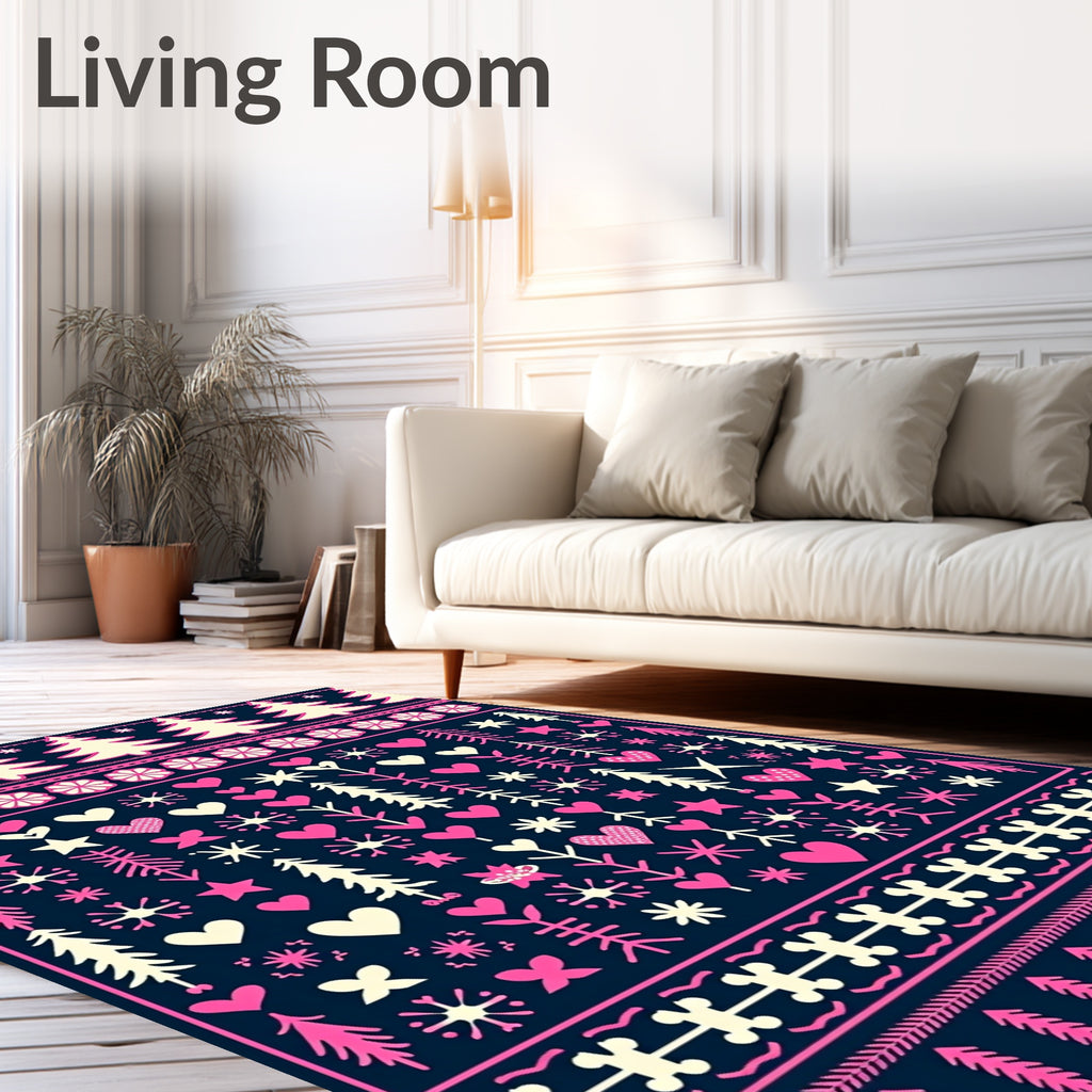 Navy Cream Pink Folk Tree Heart Rug