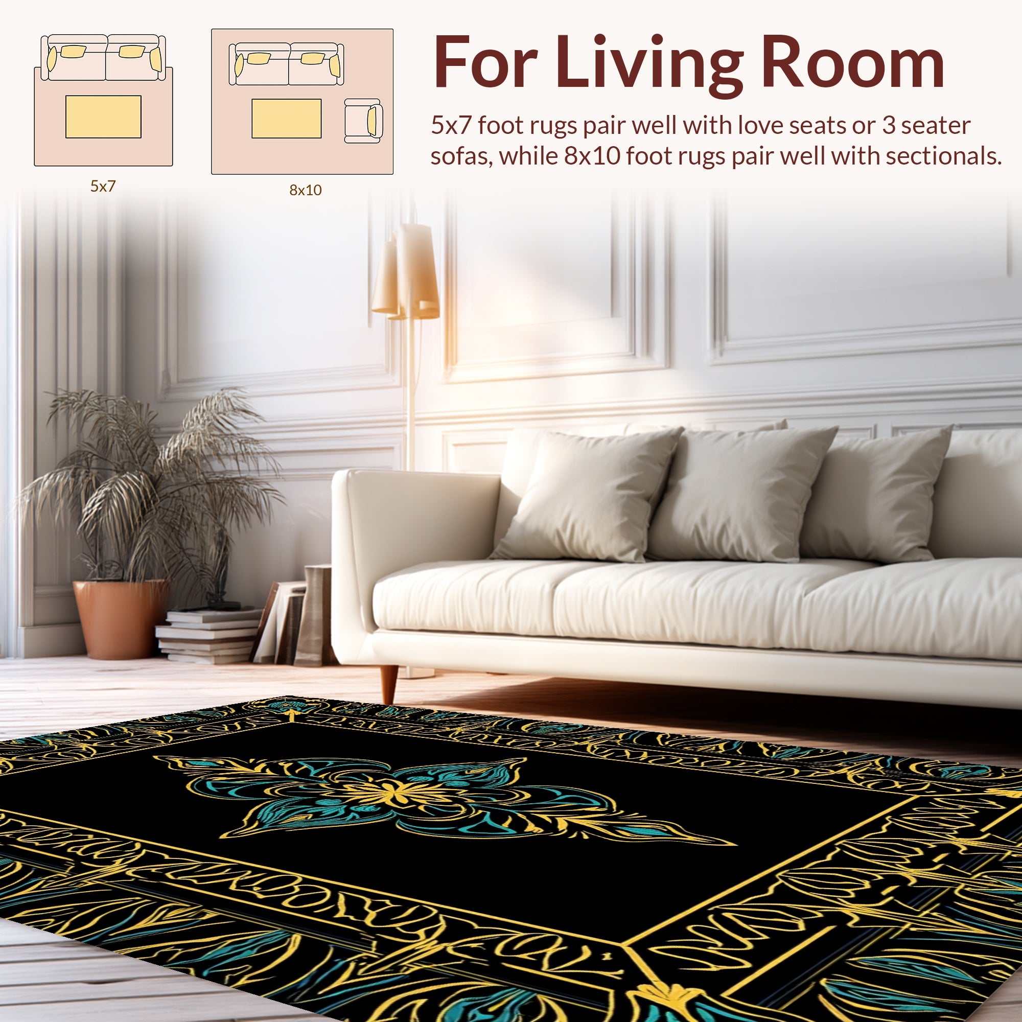 Elaborate Gold Turquoise Floral Pattern Rug