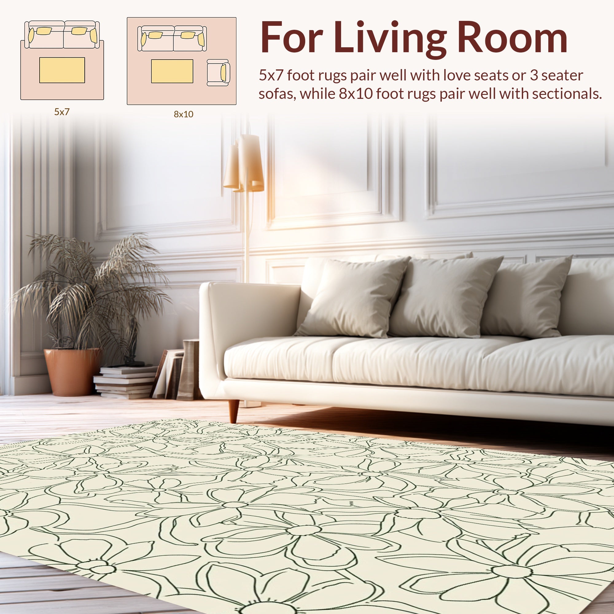 Outline Floral Pattern on Cream Rug