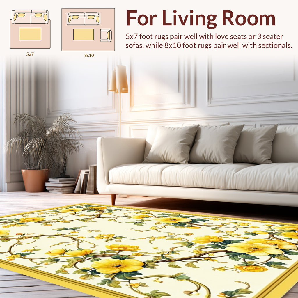Yellow Floral Vine Botanical Pattern Rug