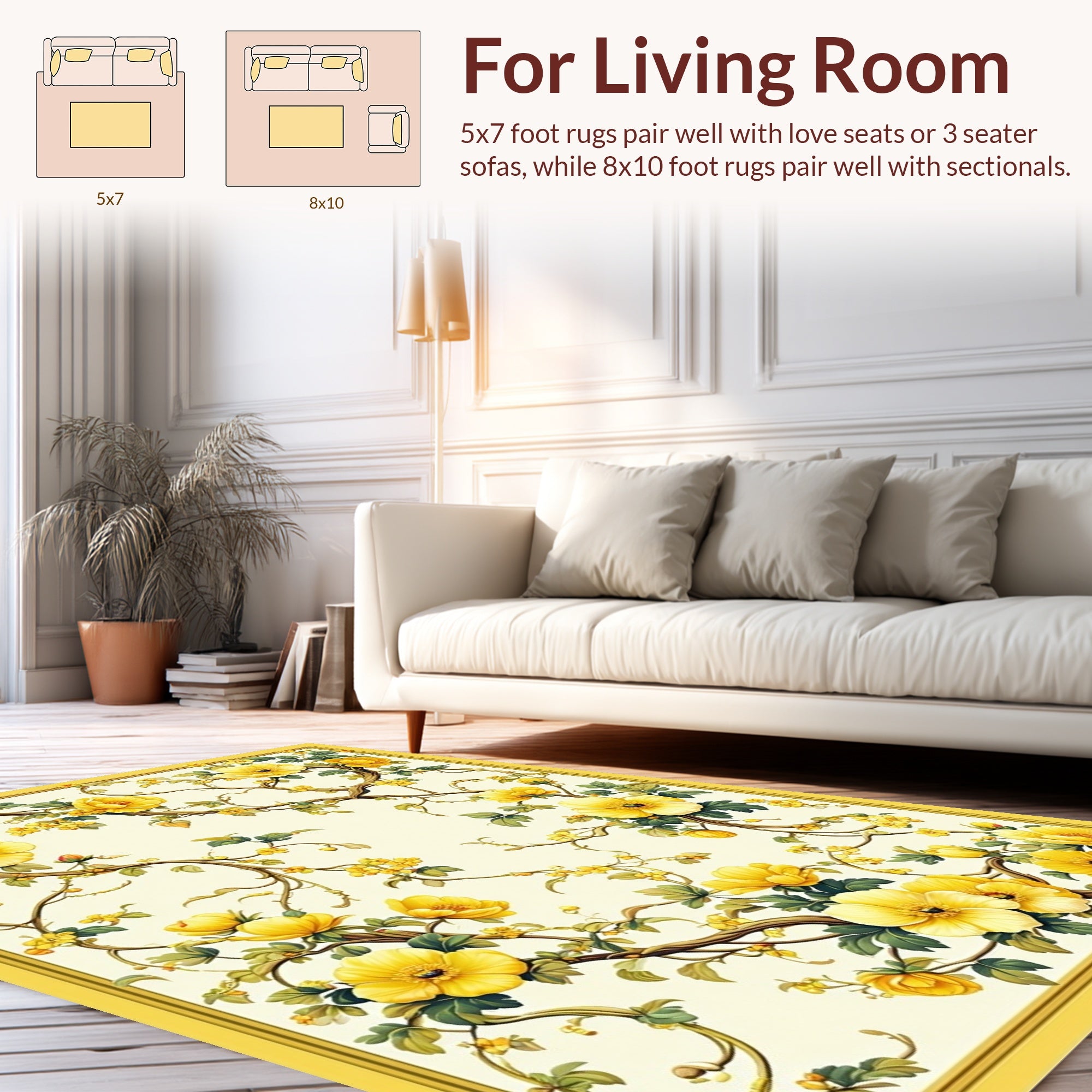 Yellow Floral Vine Botanical Pattern Rug