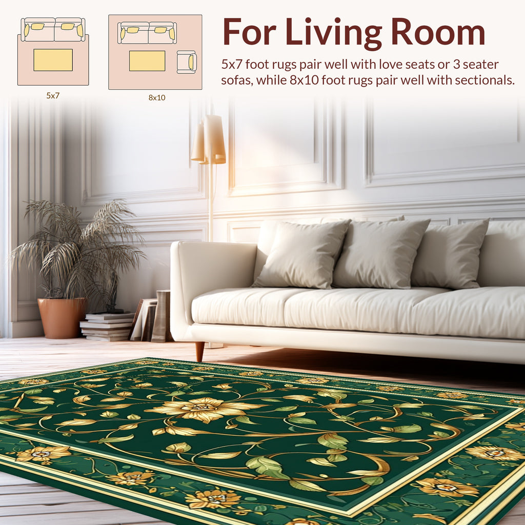 Emerald Green Floral Vine Border Rug