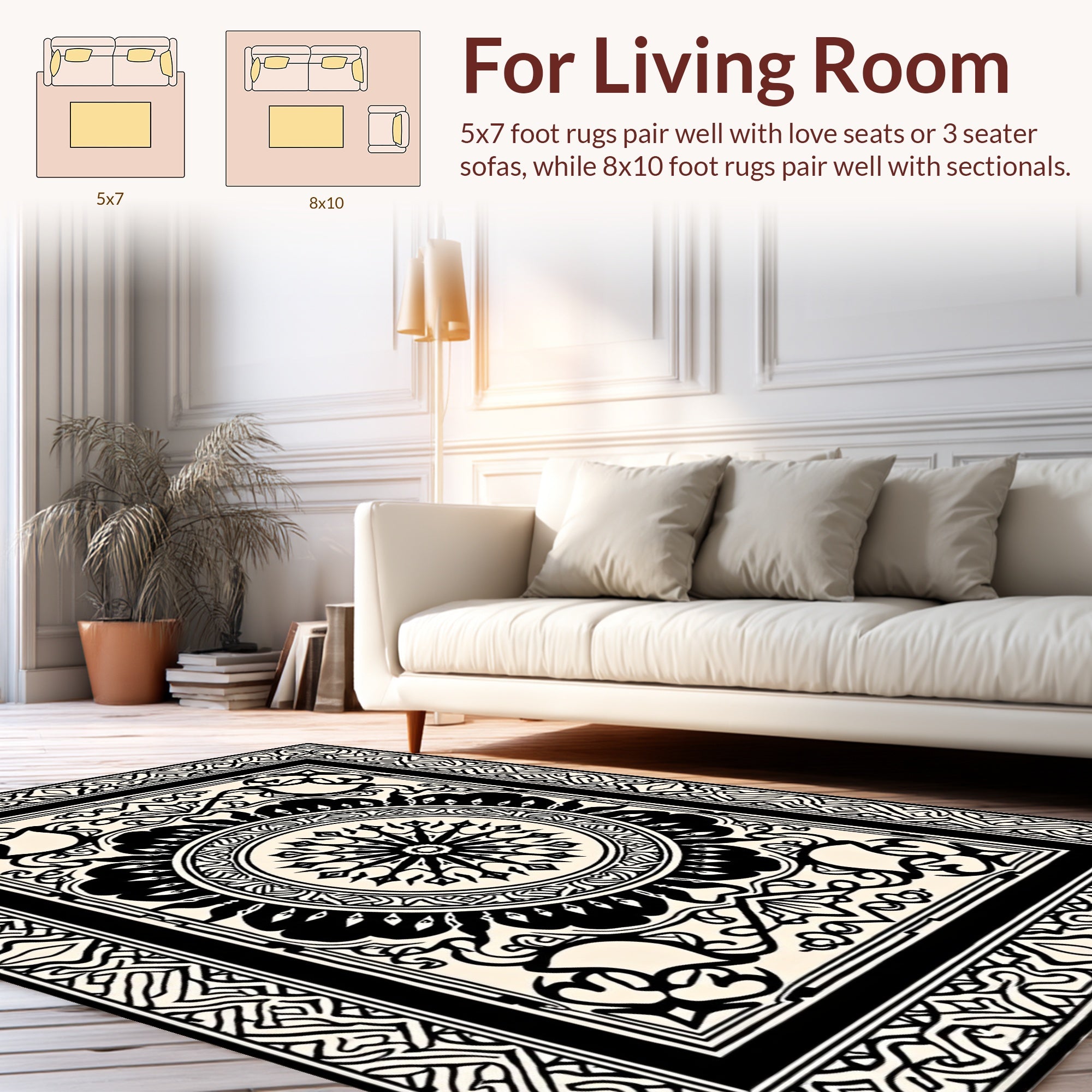 Ornate Black and White Mandala Design Rug