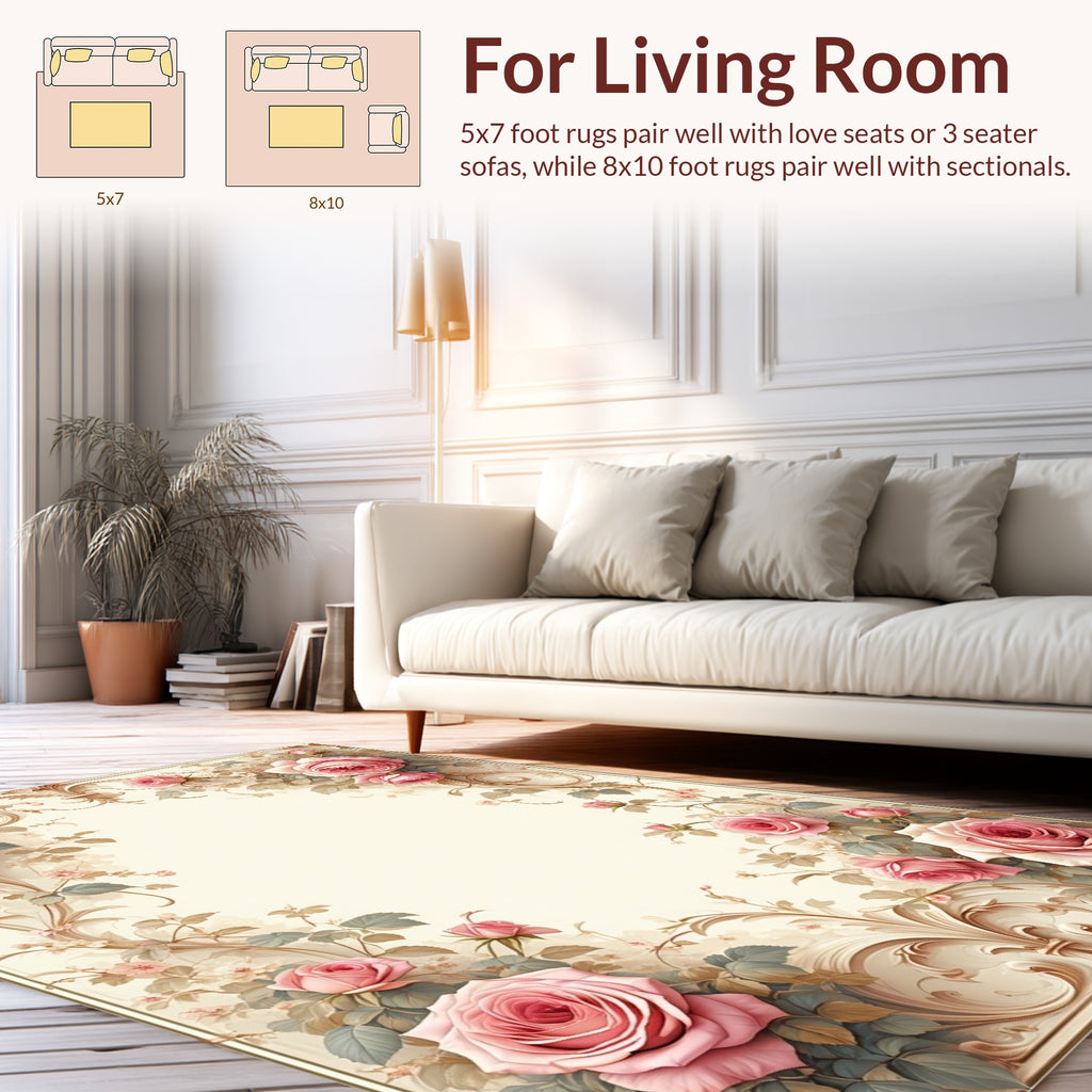 Vintage Pink Rose Blossom Scrollwork Rug