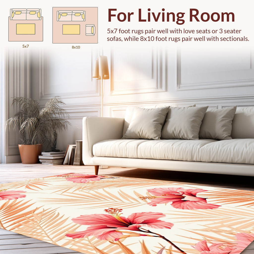 Tropical Hibiscus Palm Leaf Pattern Rug