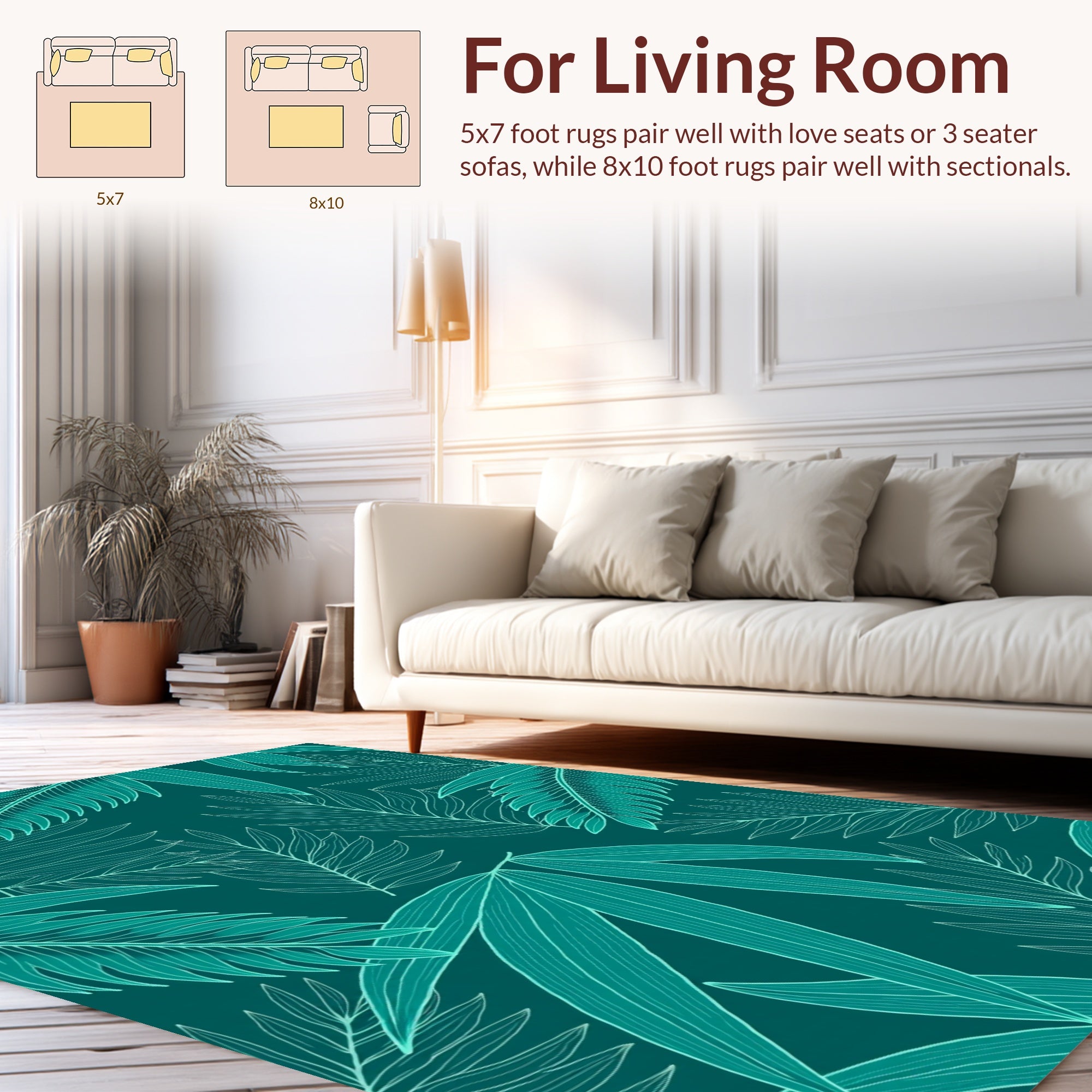 Teal Tropical Leaf Pattern Rug