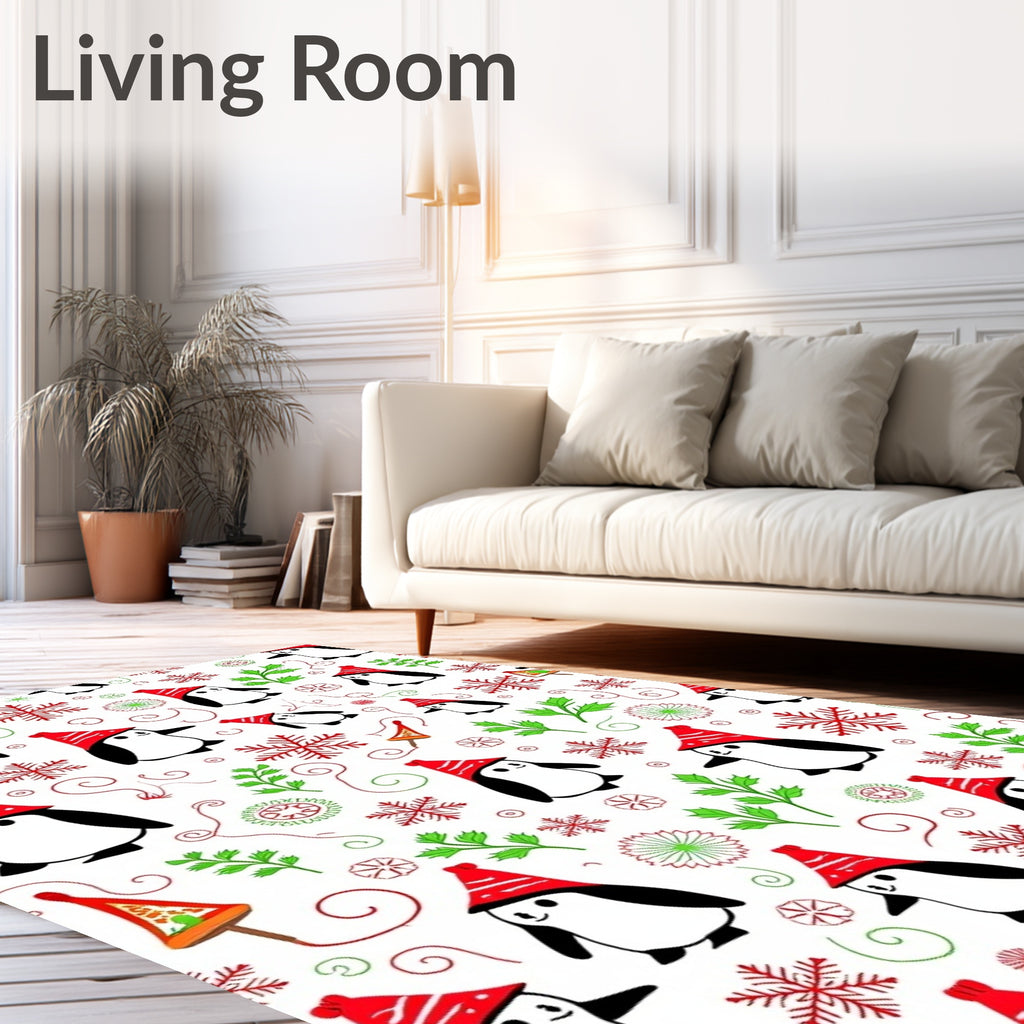 Playful Penguin Red Hat Snowflakes Garland Rug