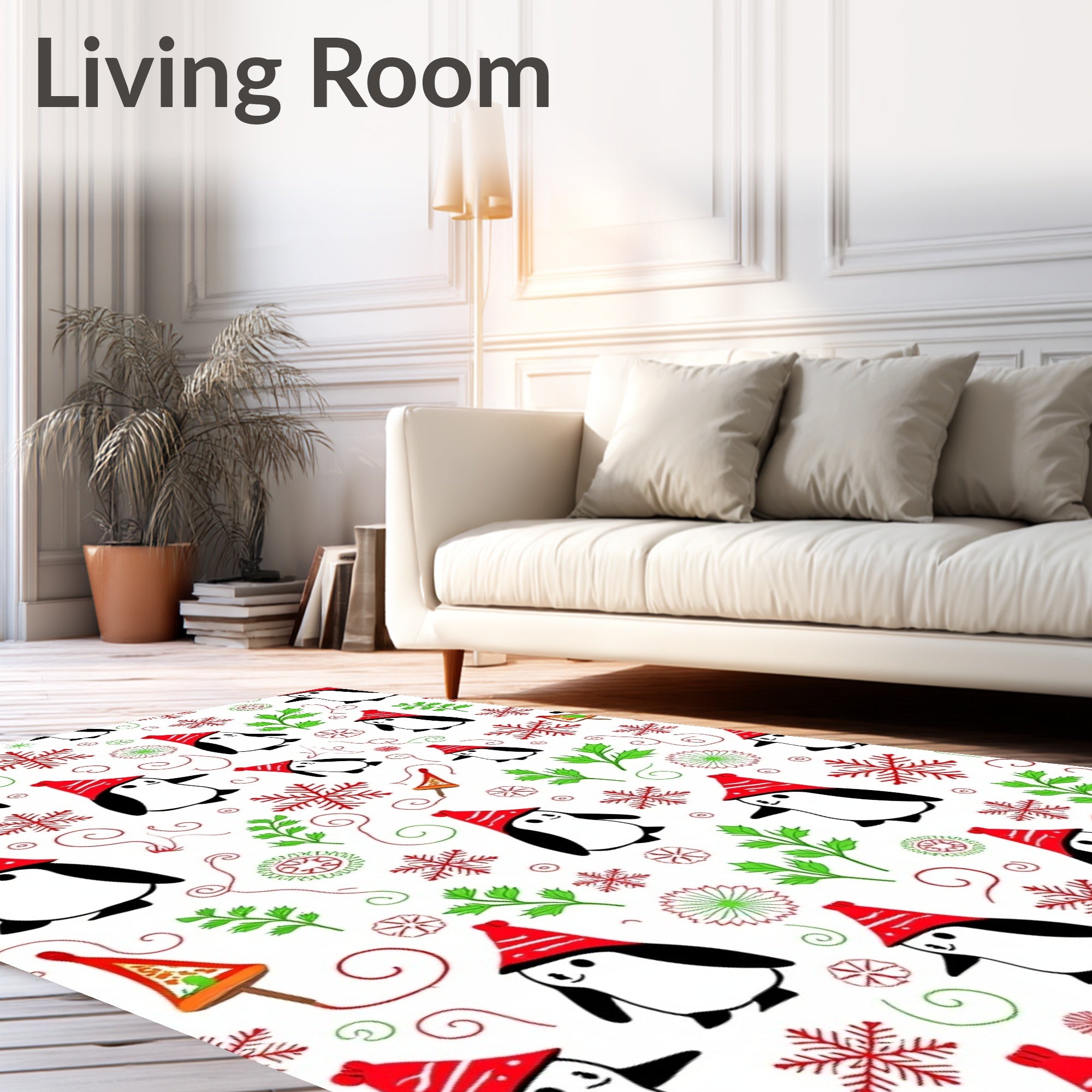 Playful Penguin Red Hat Snowflakes Garland Rug