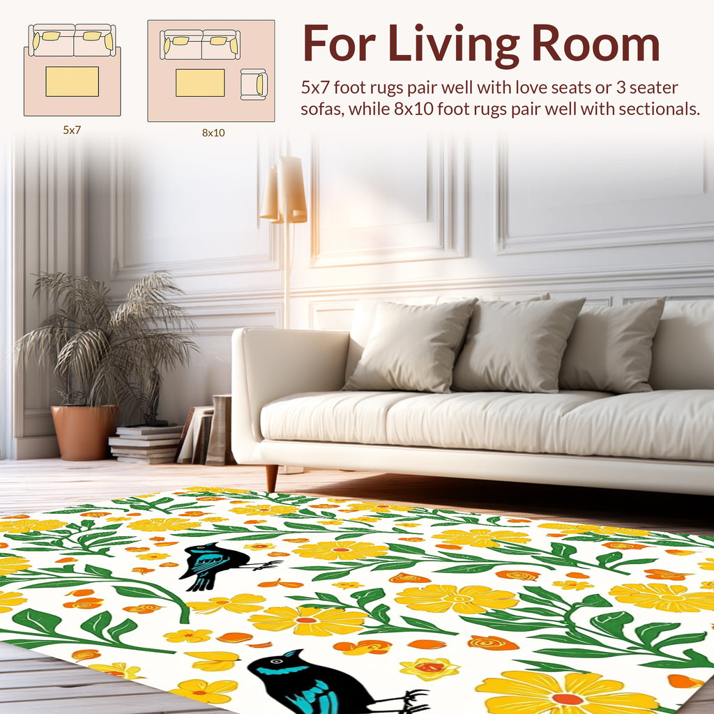 Whimsical Birds Yellow Floral Pattern Rug