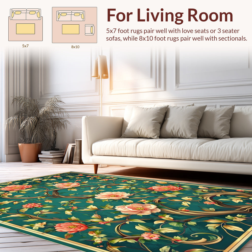 Emerald Peony Vine Patterned Rug